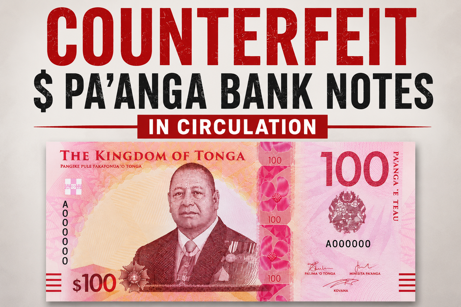 Public Notice: COUNTERFEIT $100 PA’ANGA BANKNOTES IN CIRCULATION